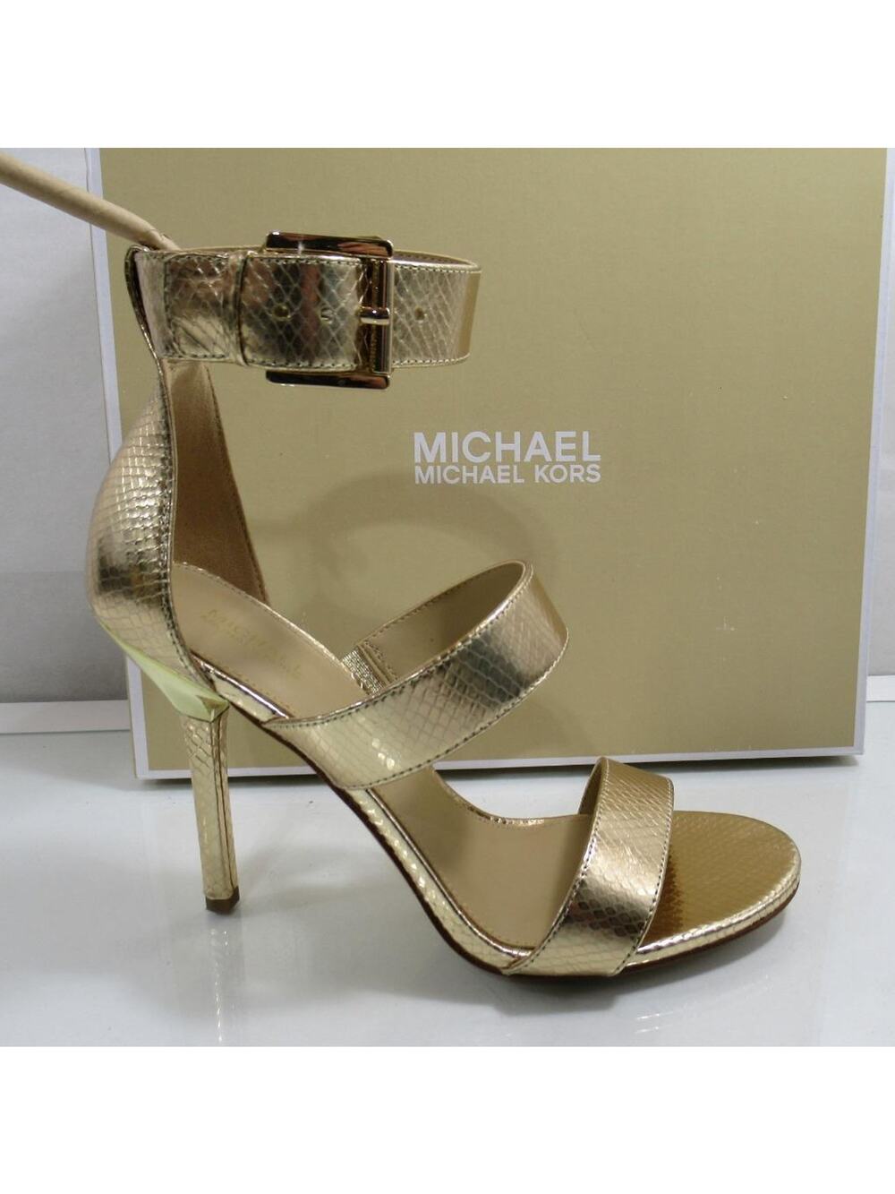 Michael Kors Amal Ankle Strap Sandal High Heel Metallic Leather Pale Gold Size 8